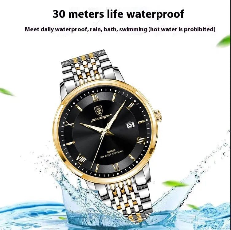 Men's quartz watch with waterproof luminous display and calendar, 41mm precision steel case, mineral reinforced mirror
