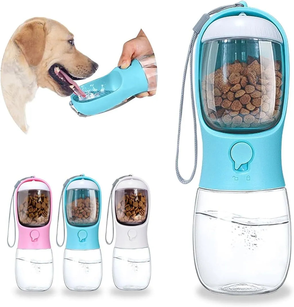 Portable pet water bottle with food container in blue, pink, and white 300ml and 550ml travel dispenser