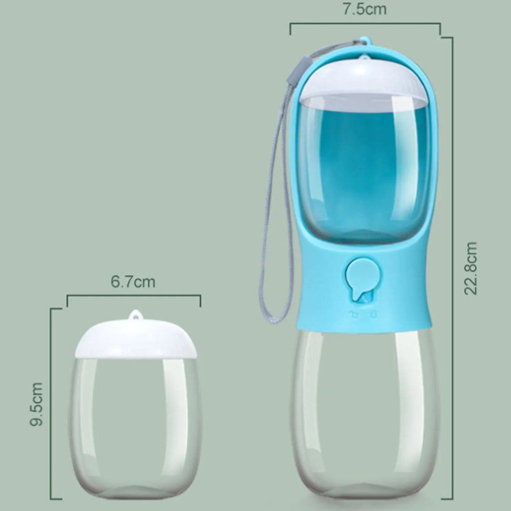 Portable pet water bottle with food container in blue, pink, and white 300ml and 550ml travel dispenser