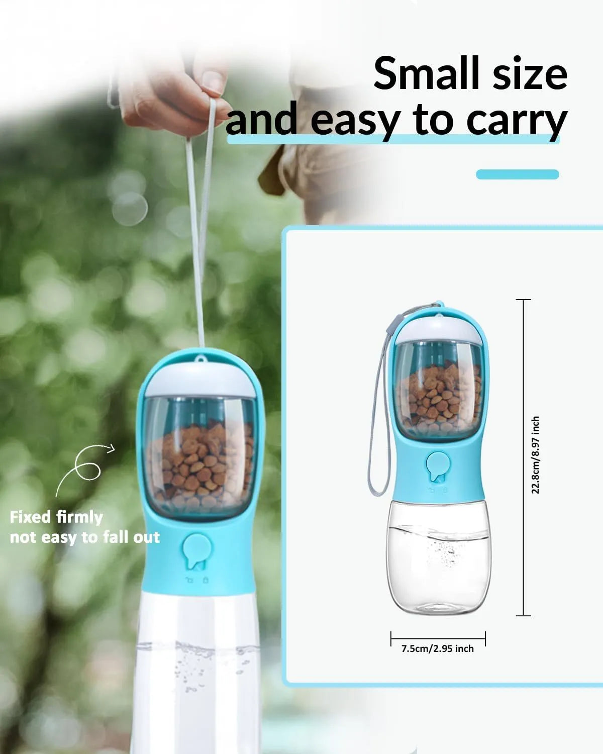 Portable pet water bottle with food container in blue, pink, and white 300ml and 550ml travel dispenser