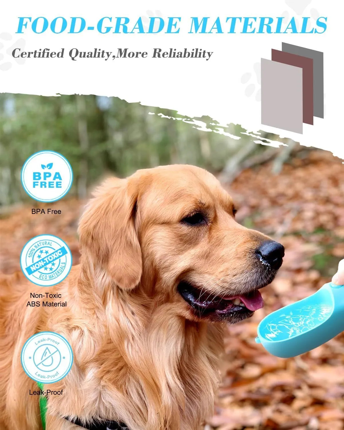 Portable pet water bottle with food container in blue, pink, and white 300ml and 550ml travel dispenser