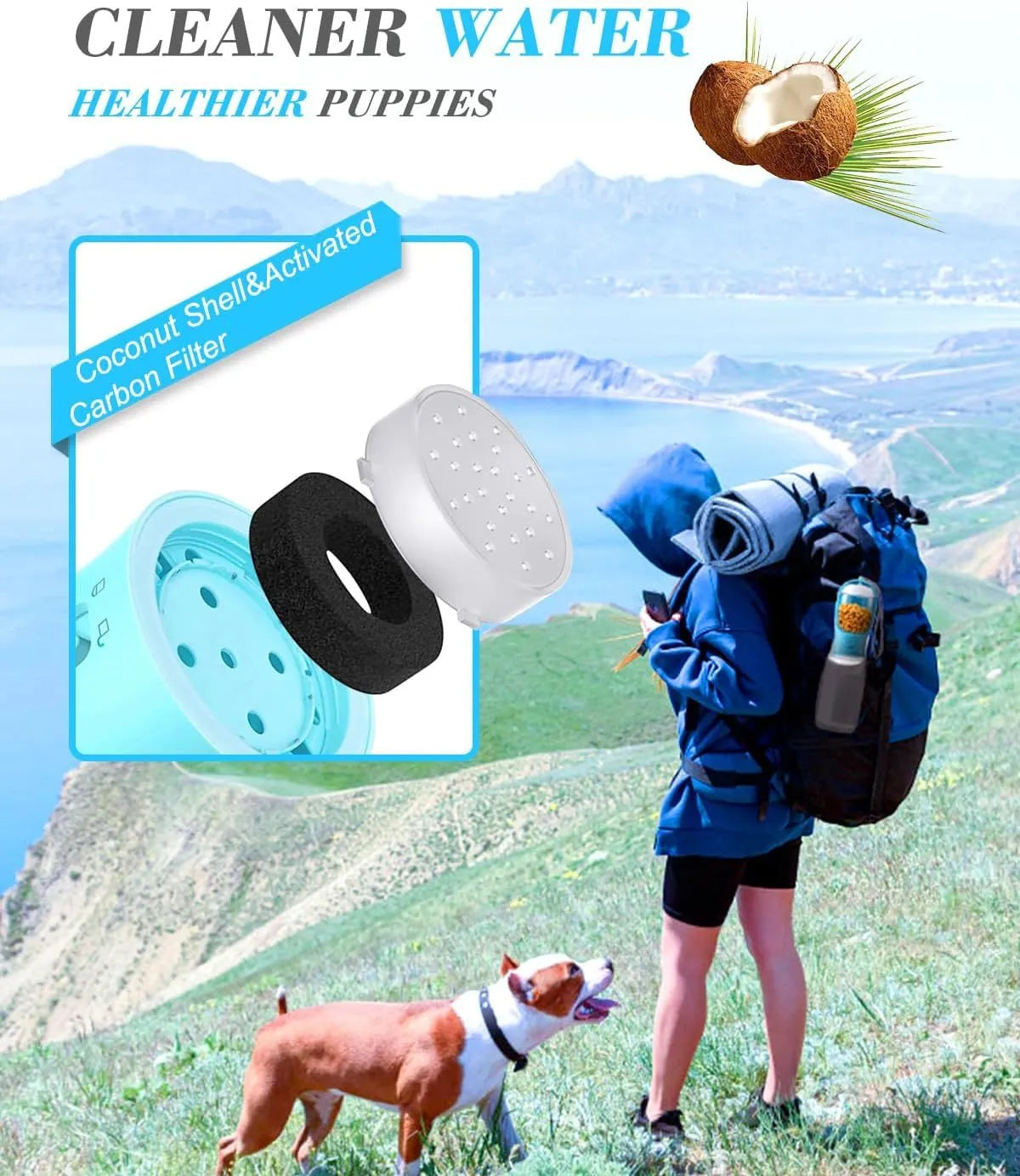 Portable pet water bottle with food container in blue, pink, and white 300ml and 550ml travel dispenser
