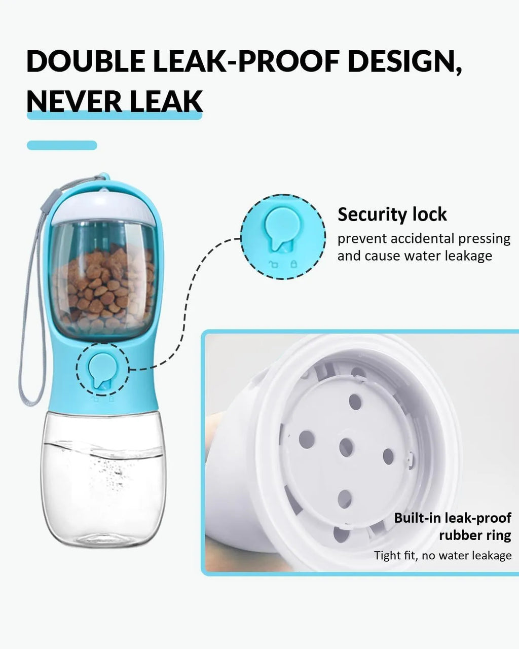 Portable pet water bottle with food container in blue, pink, and white 300ml and 550ml travel dispenser