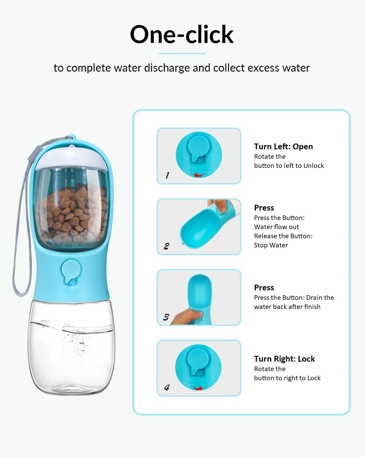 Portable pet water bottle with food container in blue, pink, and white 300ml and 550ml travel dispenser