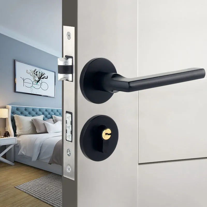 Aluminium alloy indoor split magnetic door lock handle for timber doors in black finish.