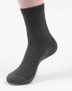 Men's bamboo fibre socks in a small square pattern, shown in navy blue colour.