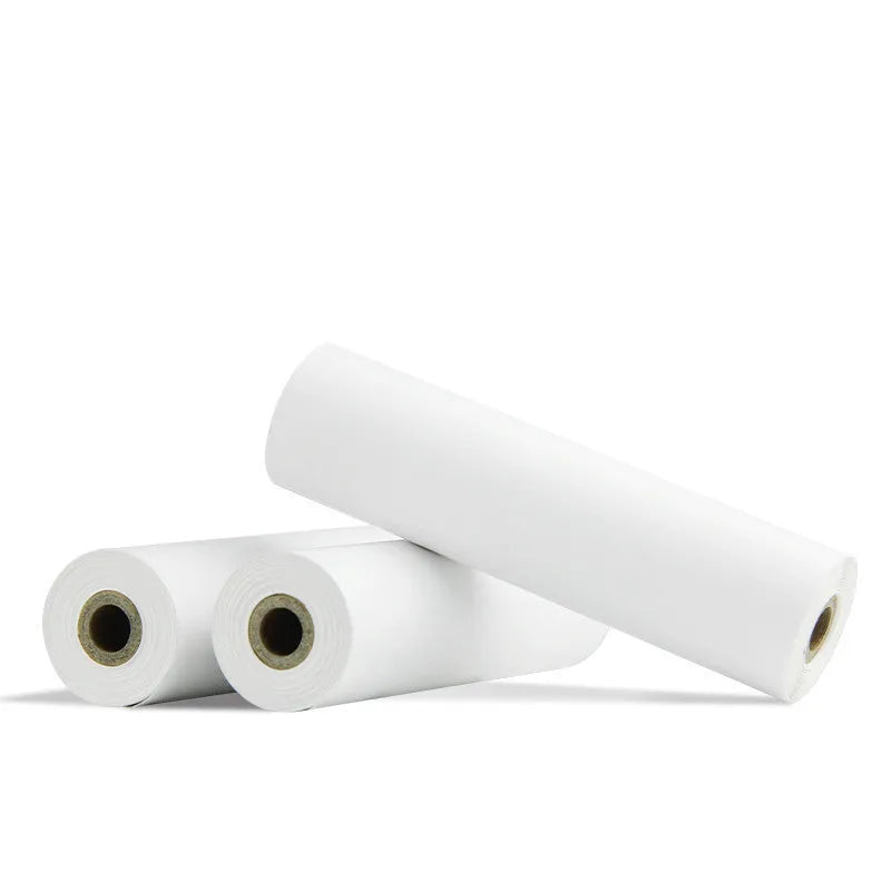 Pack of three 110mm x 30mm thermal paper rolls with adhesive backing