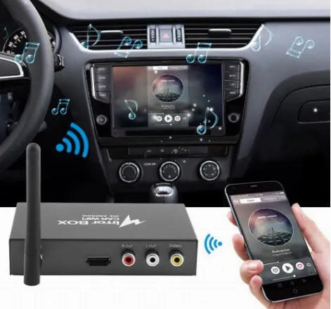 Black car mirror link box Wi-Fi converter with cables for smartphone screen mirroring to car player