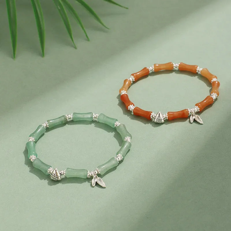 Green aventurine bamboo pattern bracelet with electroplated components and adjustable closure