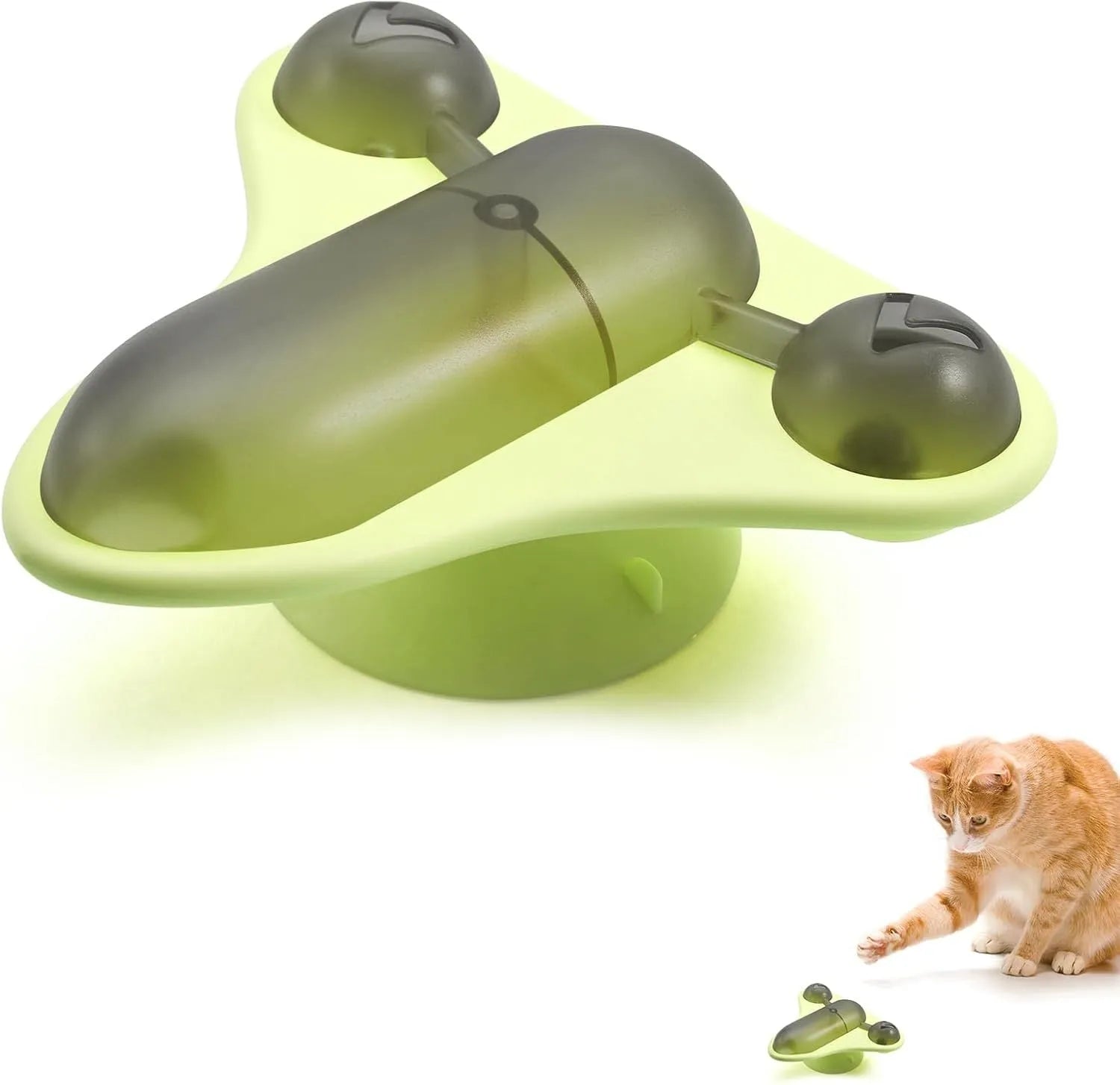 Blue interactive pet puzzle toy with aeroplane snack compartment, bell, and catnip on suction cup base