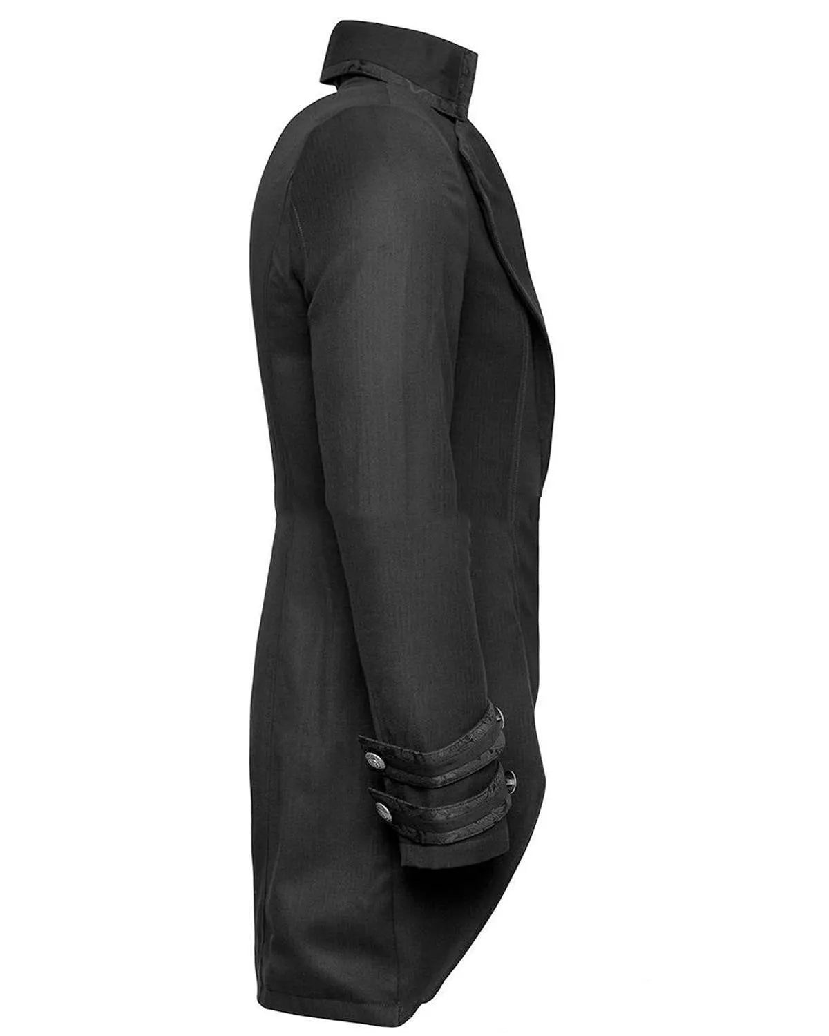 Black Victorian morning gown cosplay jacket with gothic styling for historical reenactment