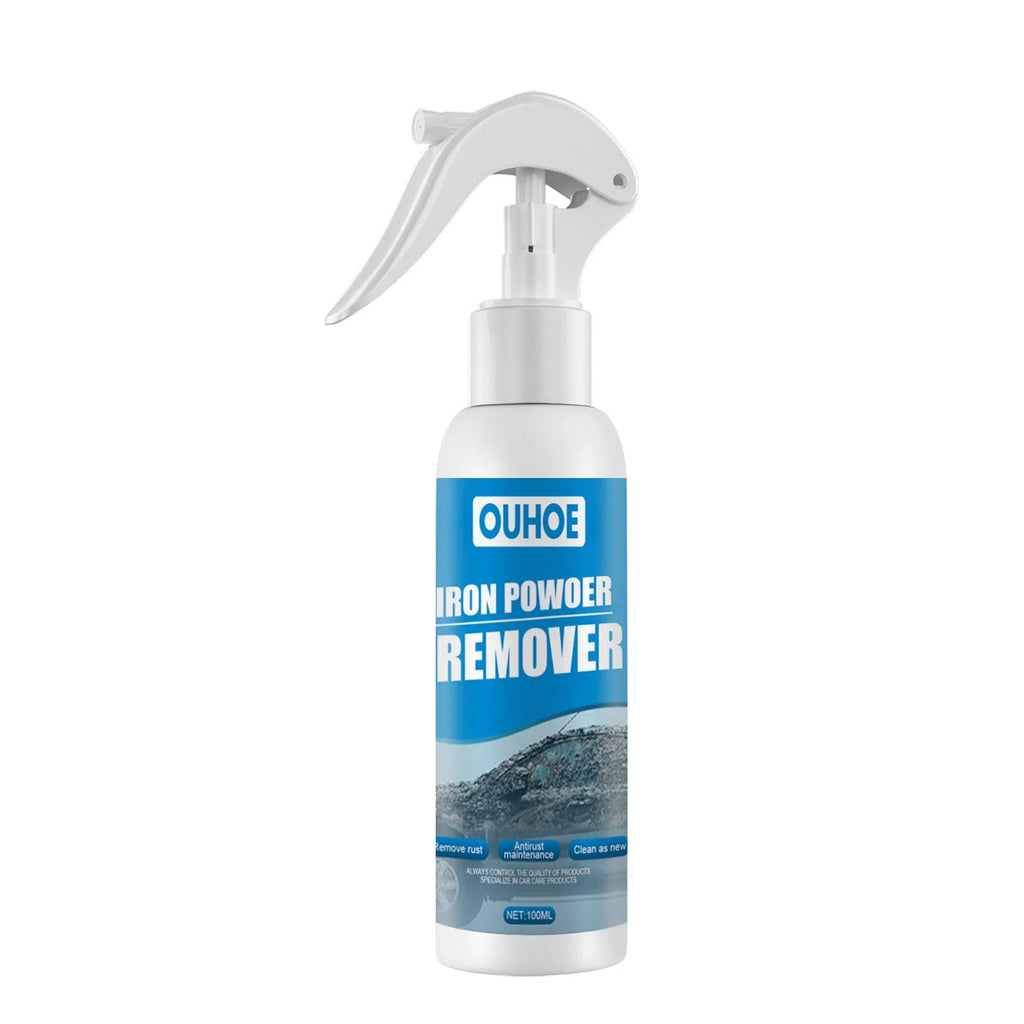 Automotive rust remover spray bottle with blue square sponge applicator for car surface treatment
