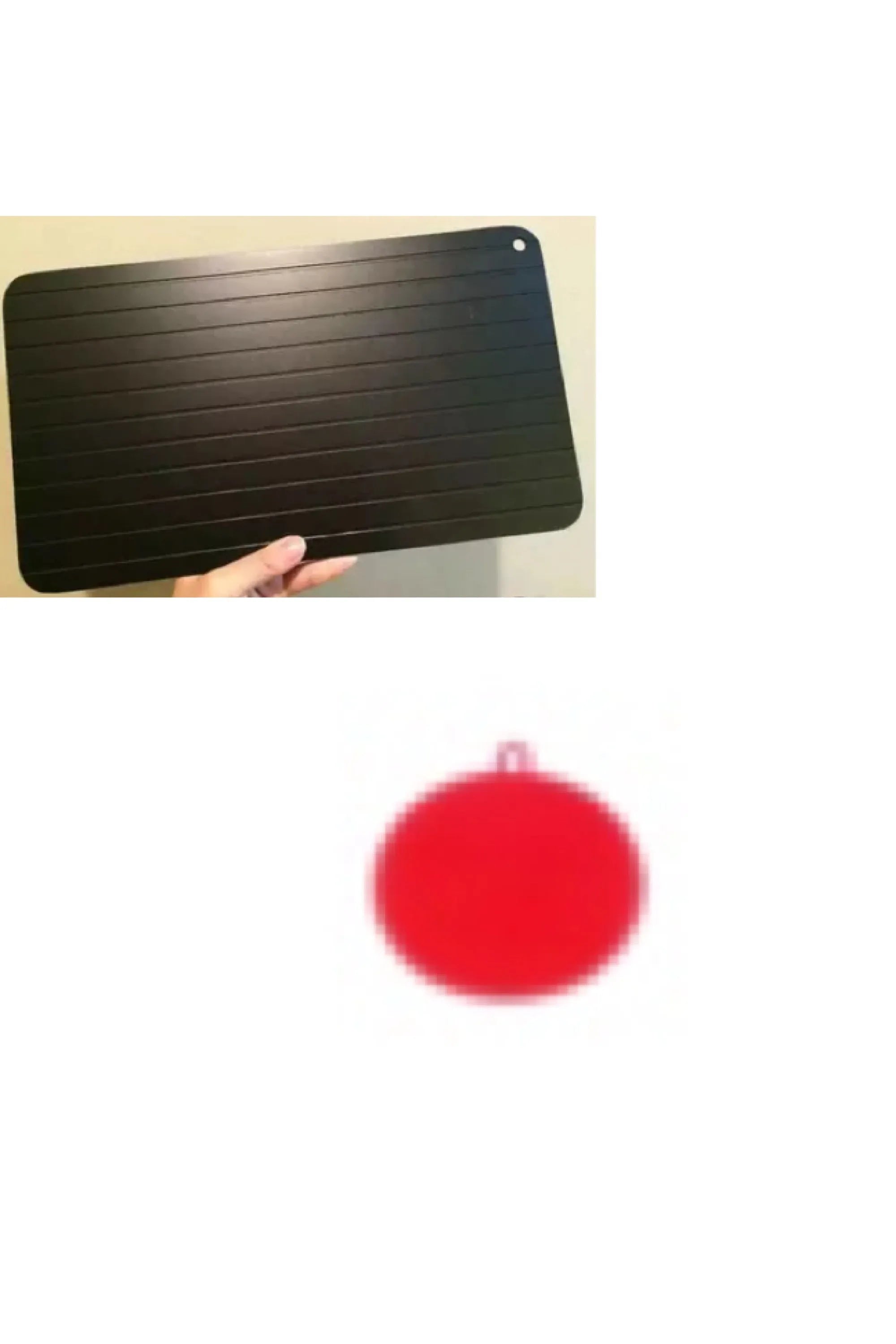 Black aluminium quick defrosting tray for thawing meat and frozen food without electricity.