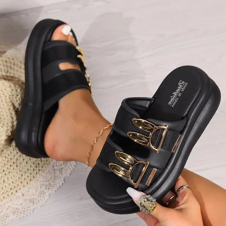Women's suede slippers with a thick rubber sole in apricot, black, and off-white.