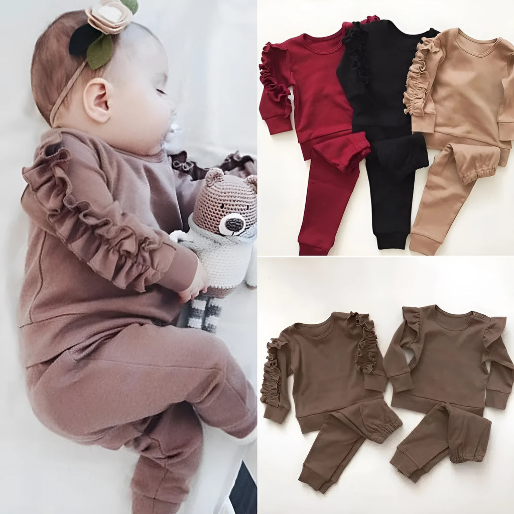 Baby two-piece outfit set with cotton long-sleeve ruffle sweatshirt and pants in solid colour, available in black, brown, wine red