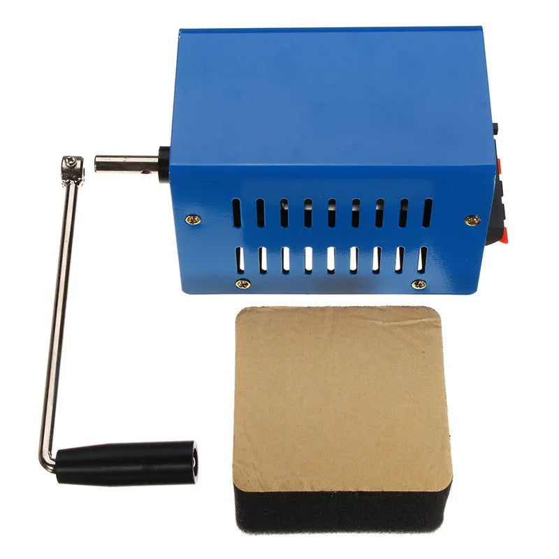 Blue metal USB emergency hand crank generator showing voltage selection panel and compact 125mm size