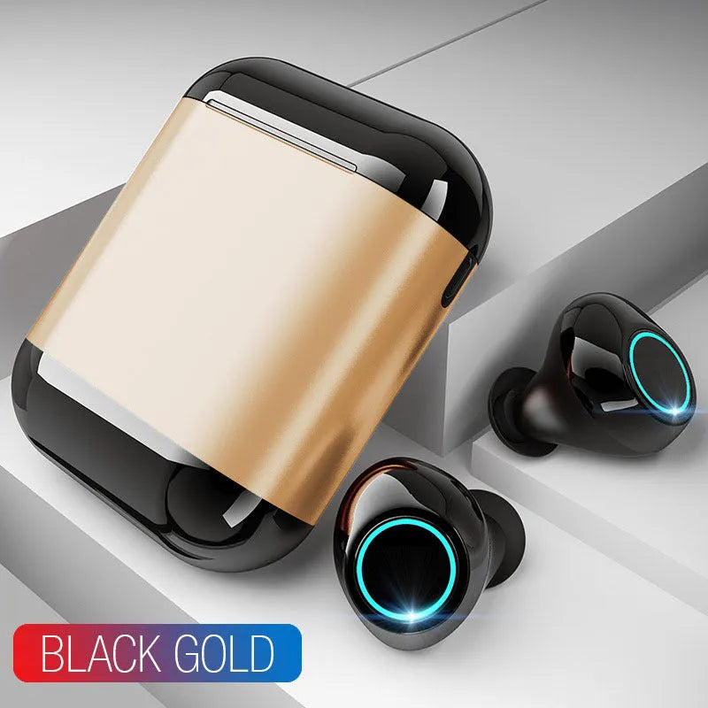 Black, Gold and Light Grey TWS wireless Bluetooth earphones showing separate left and right earpieces