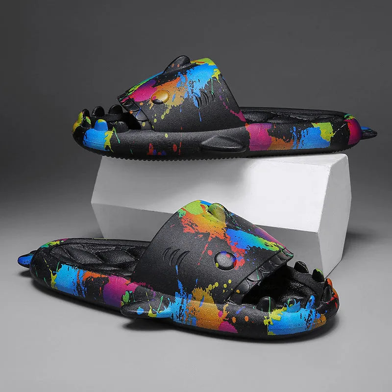 Casual open-toe shark design slippers in EVA material on a colour selection background.