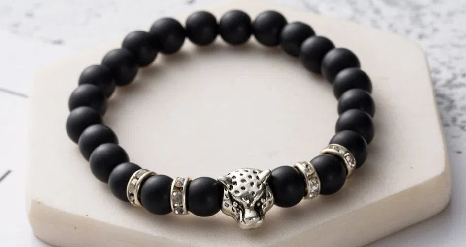 8mm natural stone and lava stone bead bracelet with leopard head pendant for men, 18cm diameter, gold frosted black