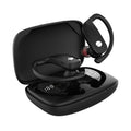 Black wireless Bluetooth headset with LED digital display and hanging ear design