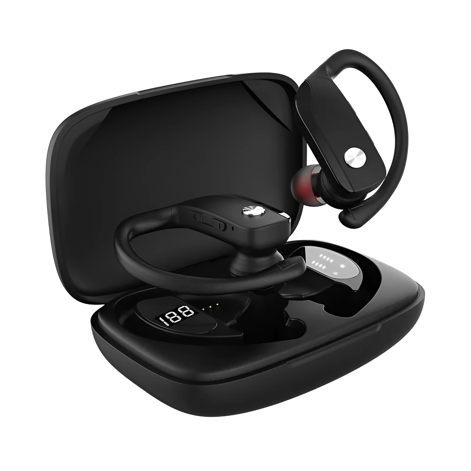 Black wireless Bluetooth headset with LED digital display and hanging ear design
