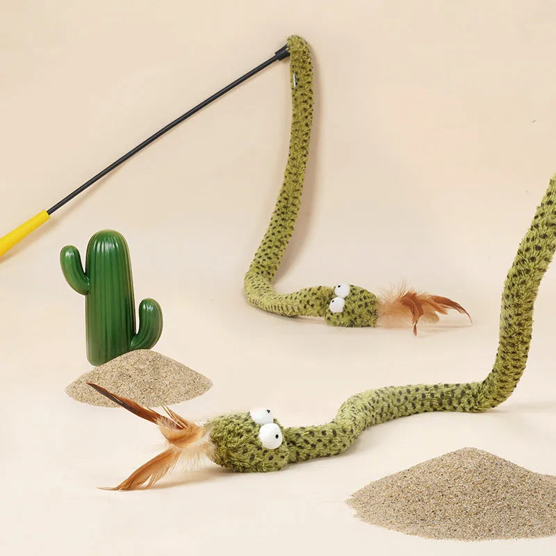 Green feather cat teasing stick on 140cm pole for interactive play