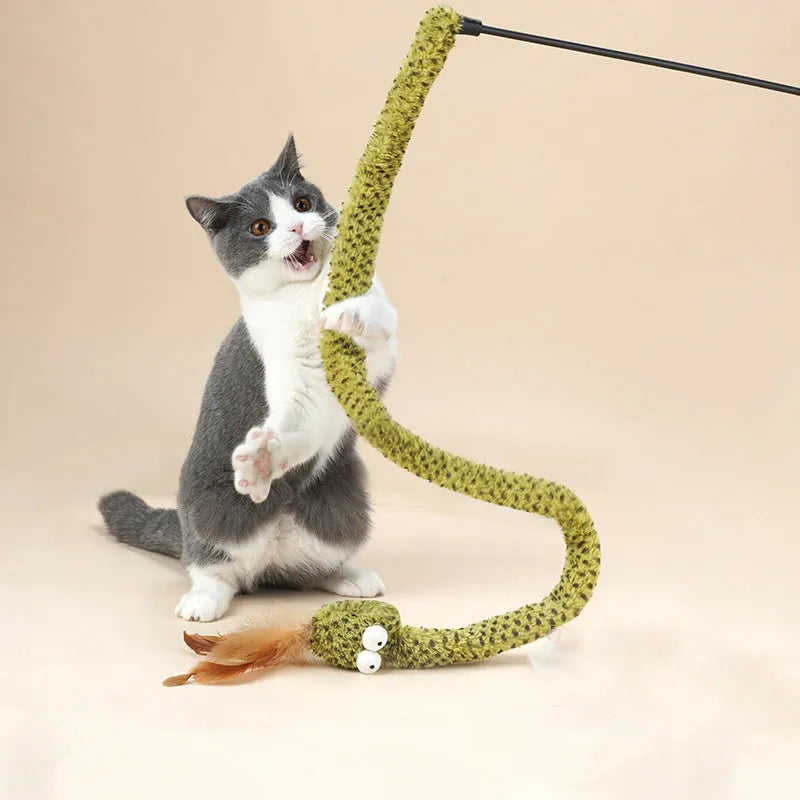 Green feather cat teasing stick on 140cm pole for interactive play