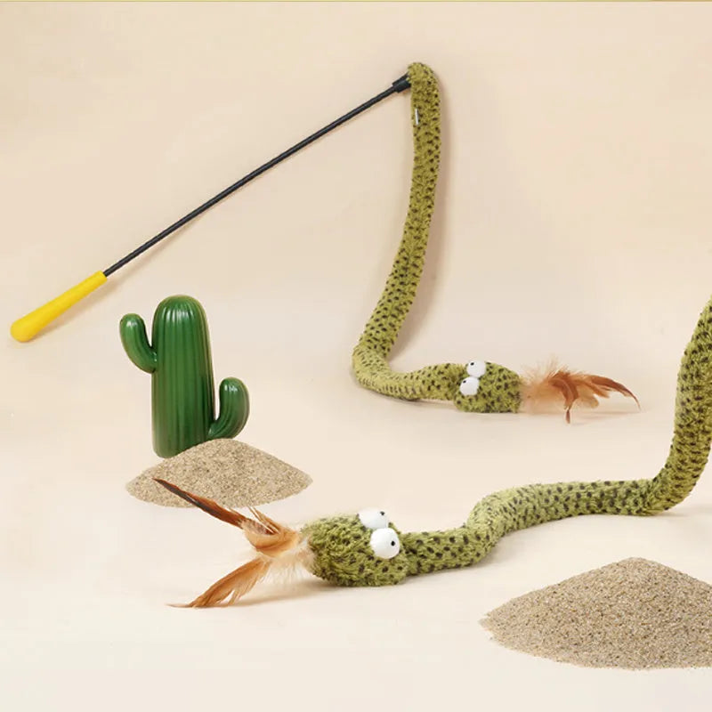 Green feather cat teasing stick on 140cm pole for interactive play