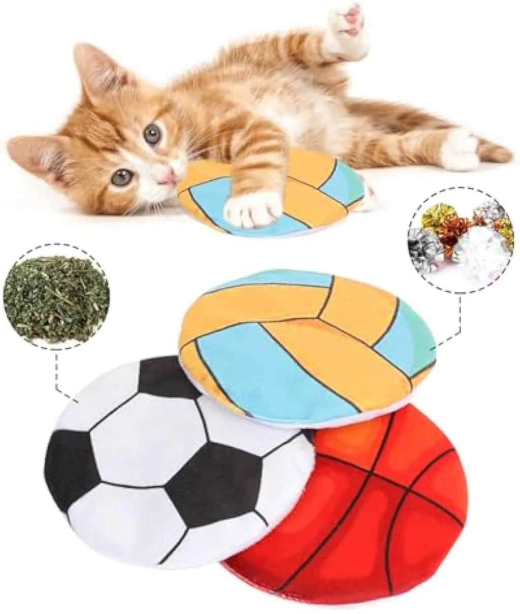 Plush cat flying disc toy with sports ball pattern, containing catnip and crinkle sound for indoor cats