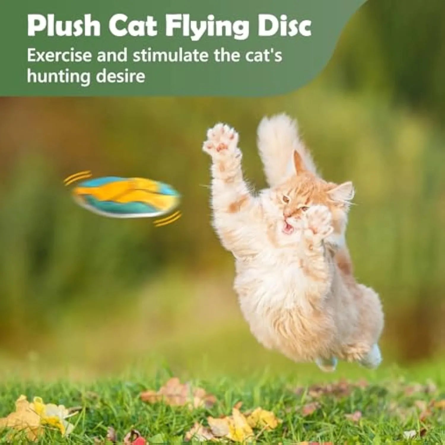 Plush cat flying disc toy with sports ball pattern, containing catnip and crinkle sound for indoor cats
