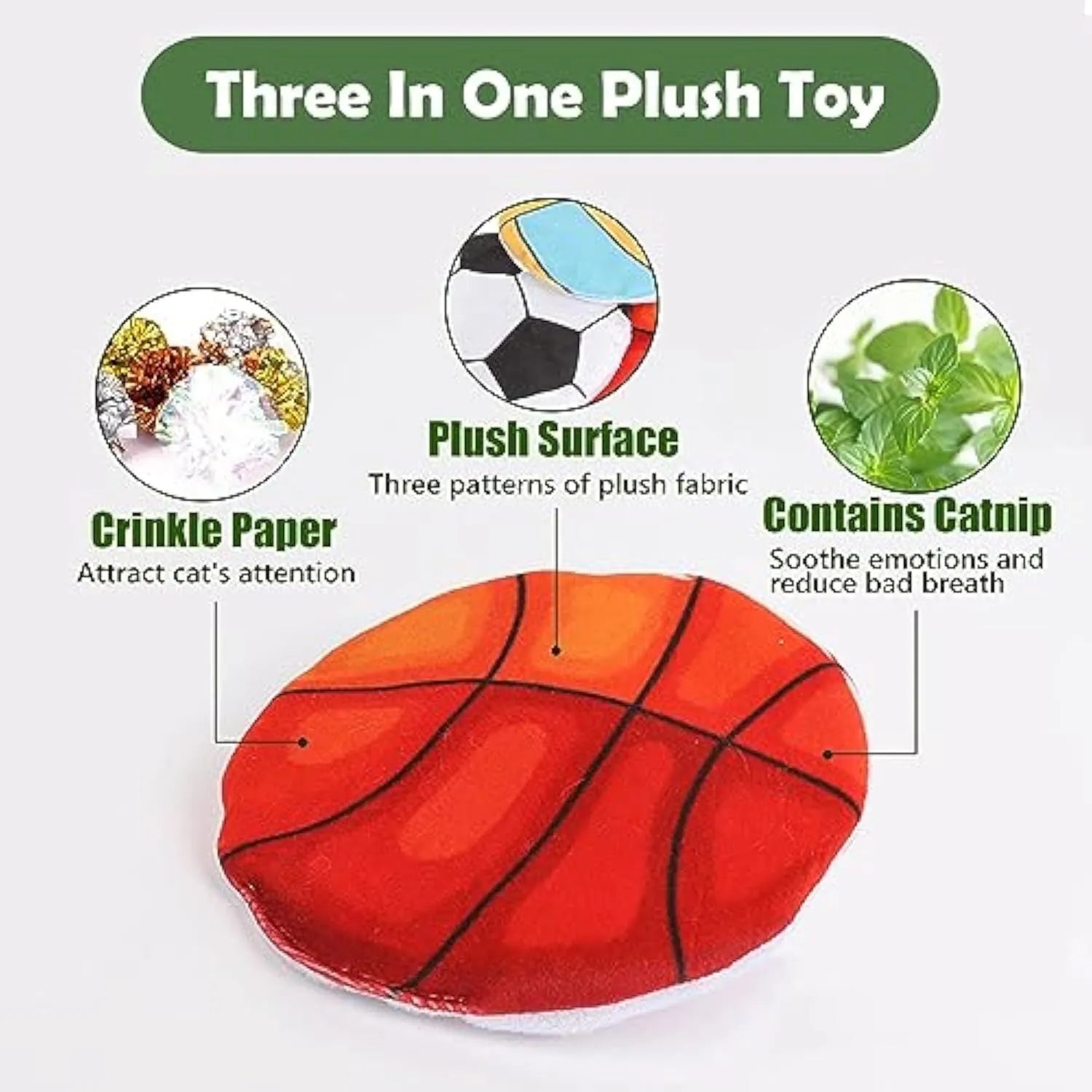 Plush cat flying disc toy with sports ball pattern, containing catnip and crinkle sound for indoor cats