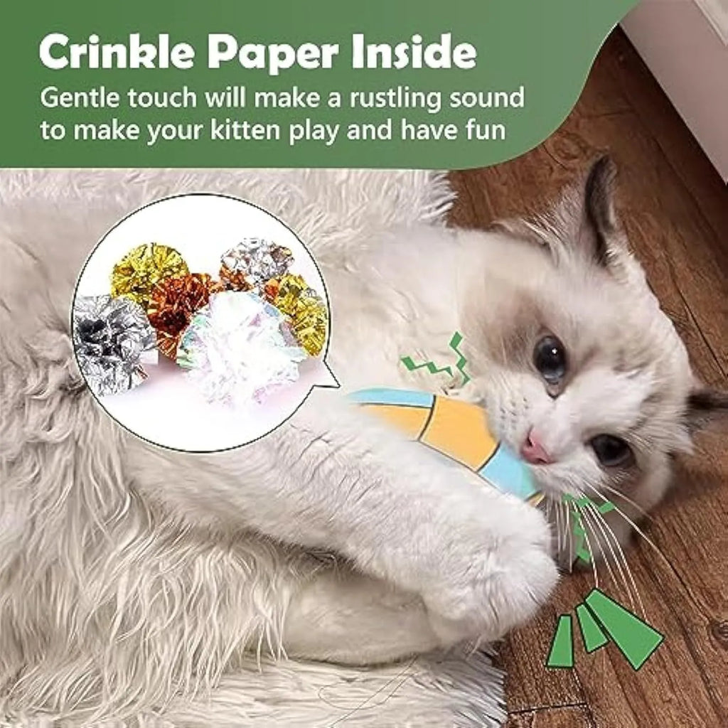 Plush cat flying disc toy with sports ball pattern, containing catnip and crinkle sound for indoor cats