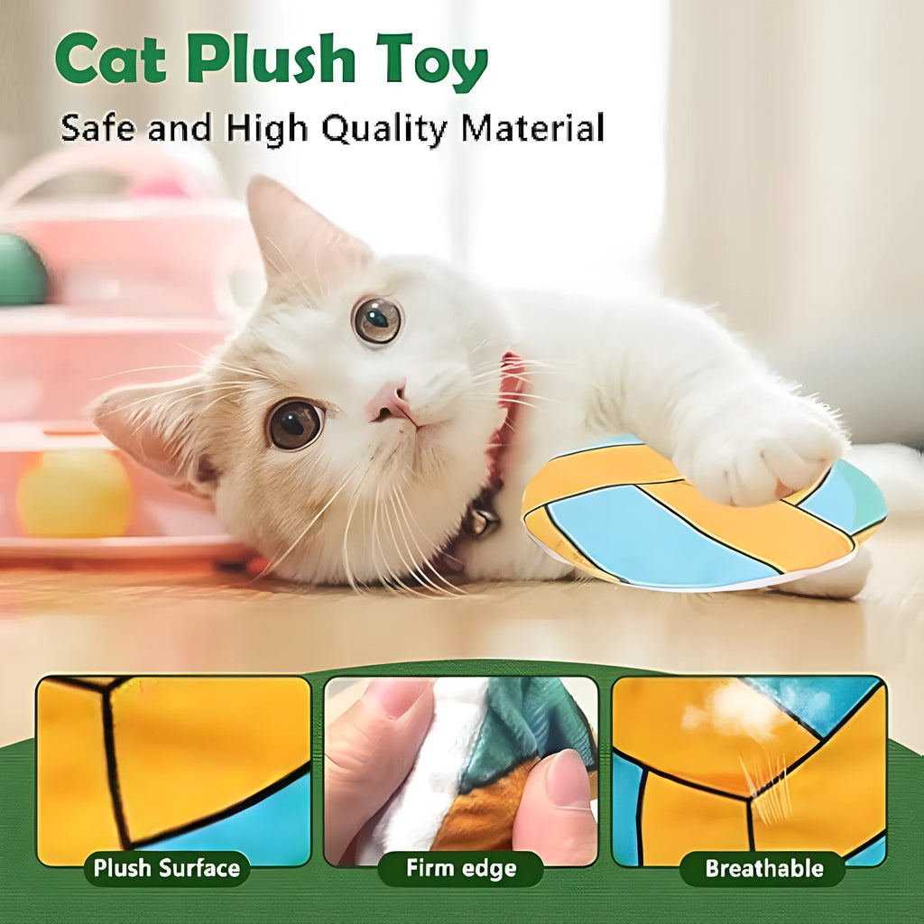 Plush cat flying disc toy with sports ball pattern, containing catnip and crinkle sound for indoor cats