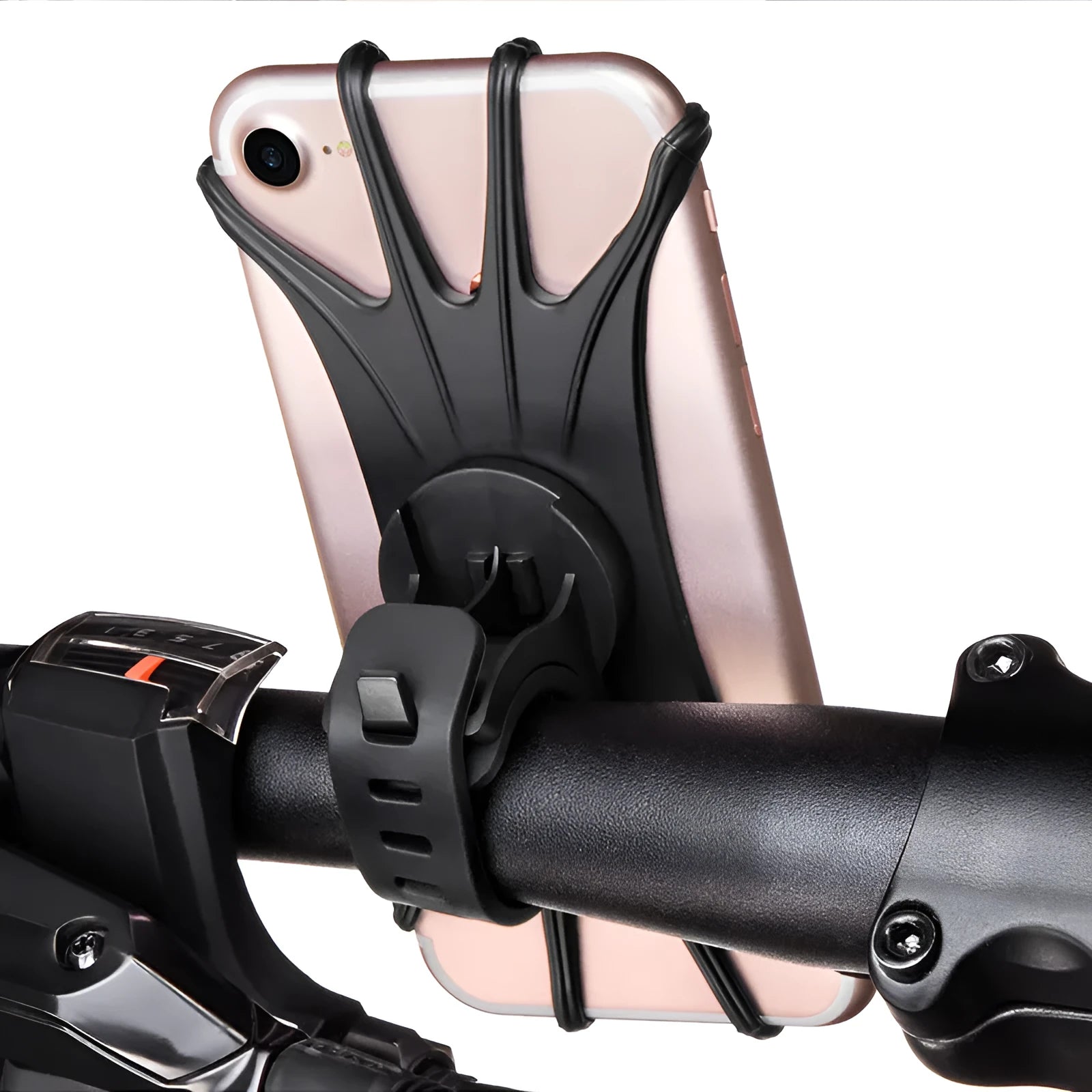 VUP Bicycle Stand Phone Holder Black with silicone strap and 360 degree rotation on a handlebar