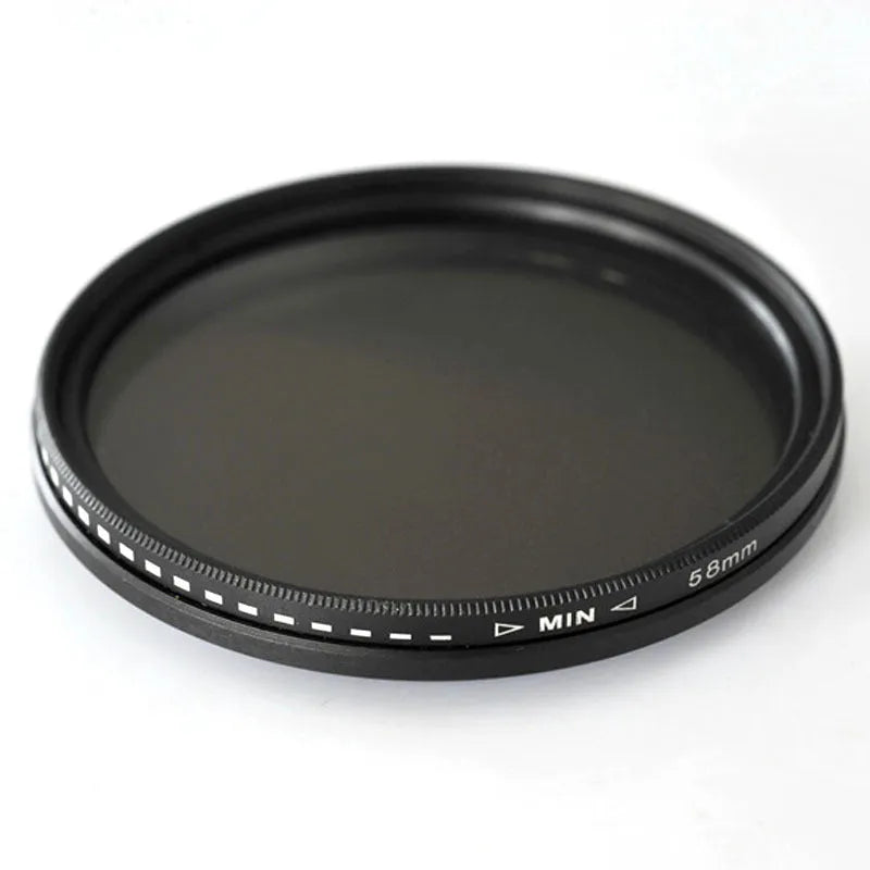 Adjustable camera ND filter with multiple thread diameters for light reduction and exposure control