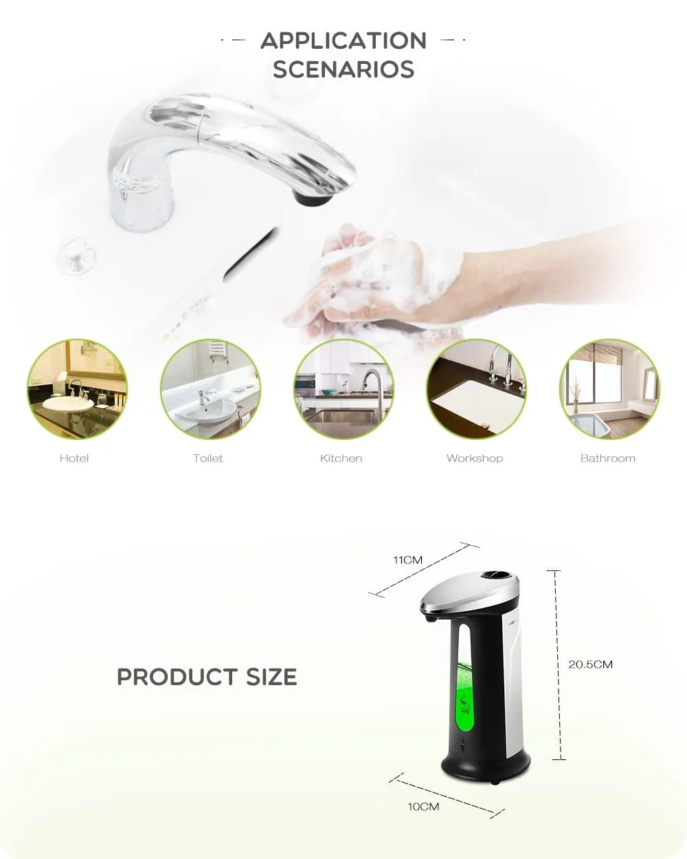 Black automatic touchless soap dispenser with infrared sensor, 400ml capacity, on a bathroom countertop