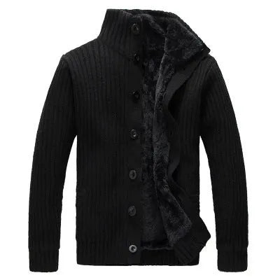 Men's cotton vinylon blend cardigan sweater with standing collar, black colour, thick long sleeves