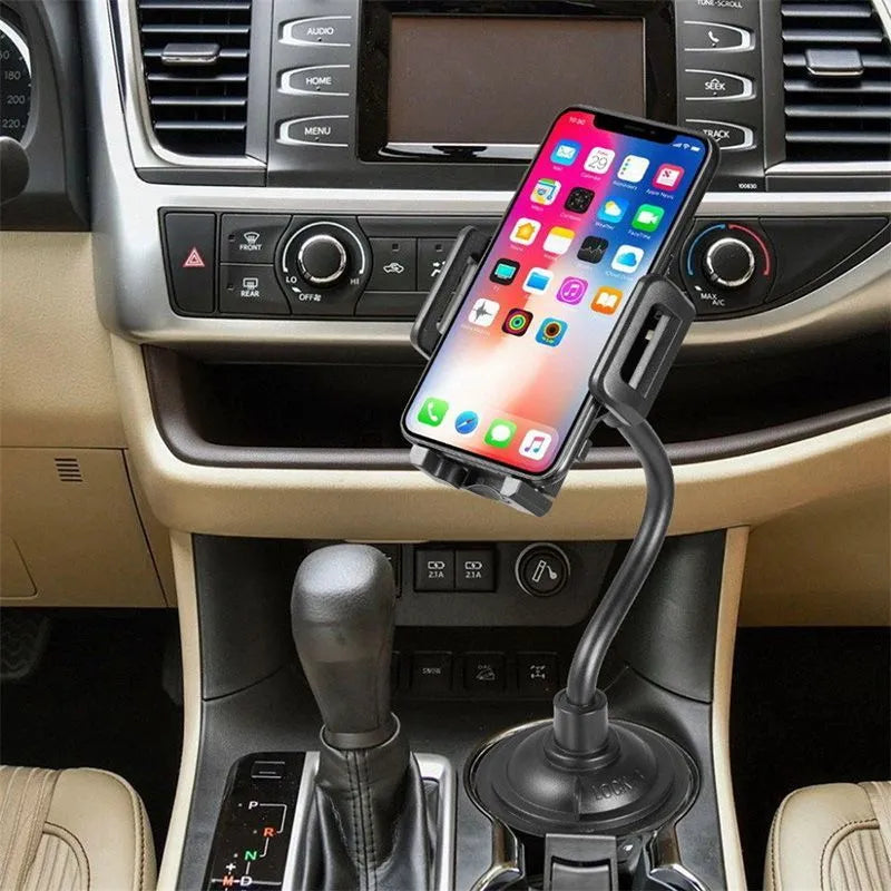 Black universal adjustable car phone mount bracket shown with suction cup and vent clip attachment options.
