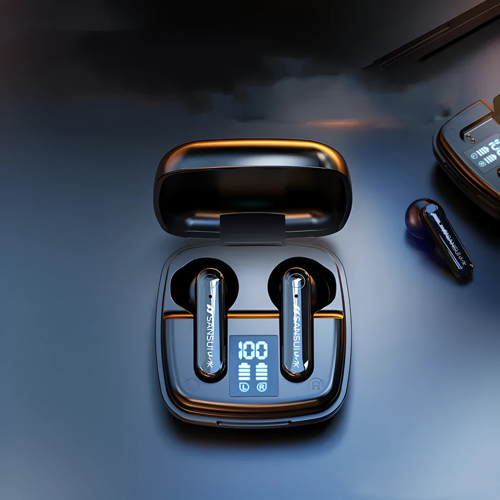 Dark Night Black and Ivory White wireless Bluetooth semi-in-ear earphones with digital battery display.