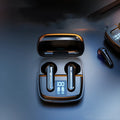 Dark Night Black and Ivory White wireless Bluetooth semi-in-ear earphones with digital battery display.