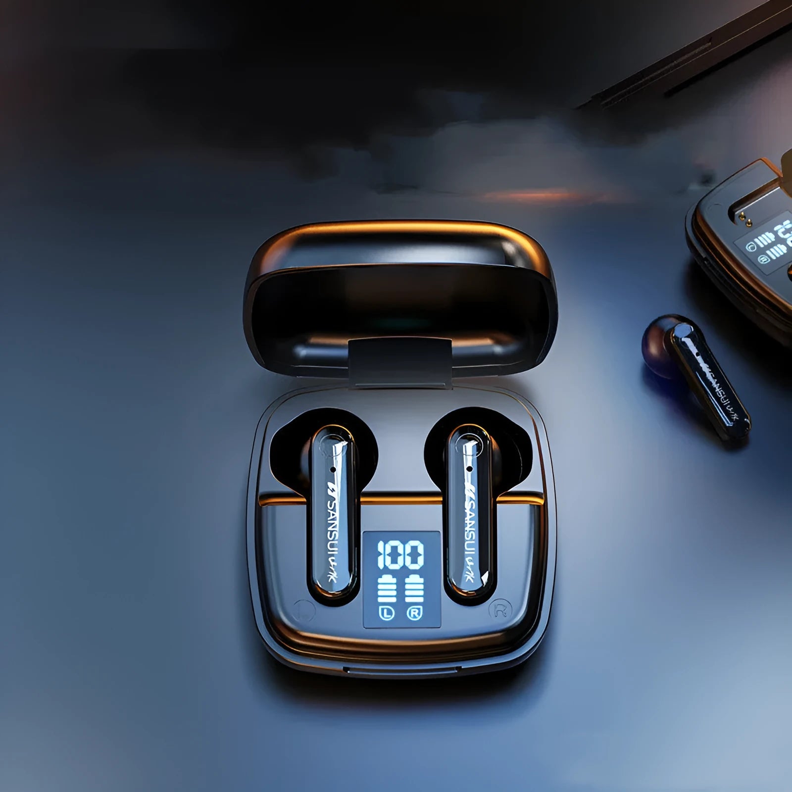 Dark Night Black and Ivory White wireless Bluetooth semi-in-ear earphones with digital battery display.