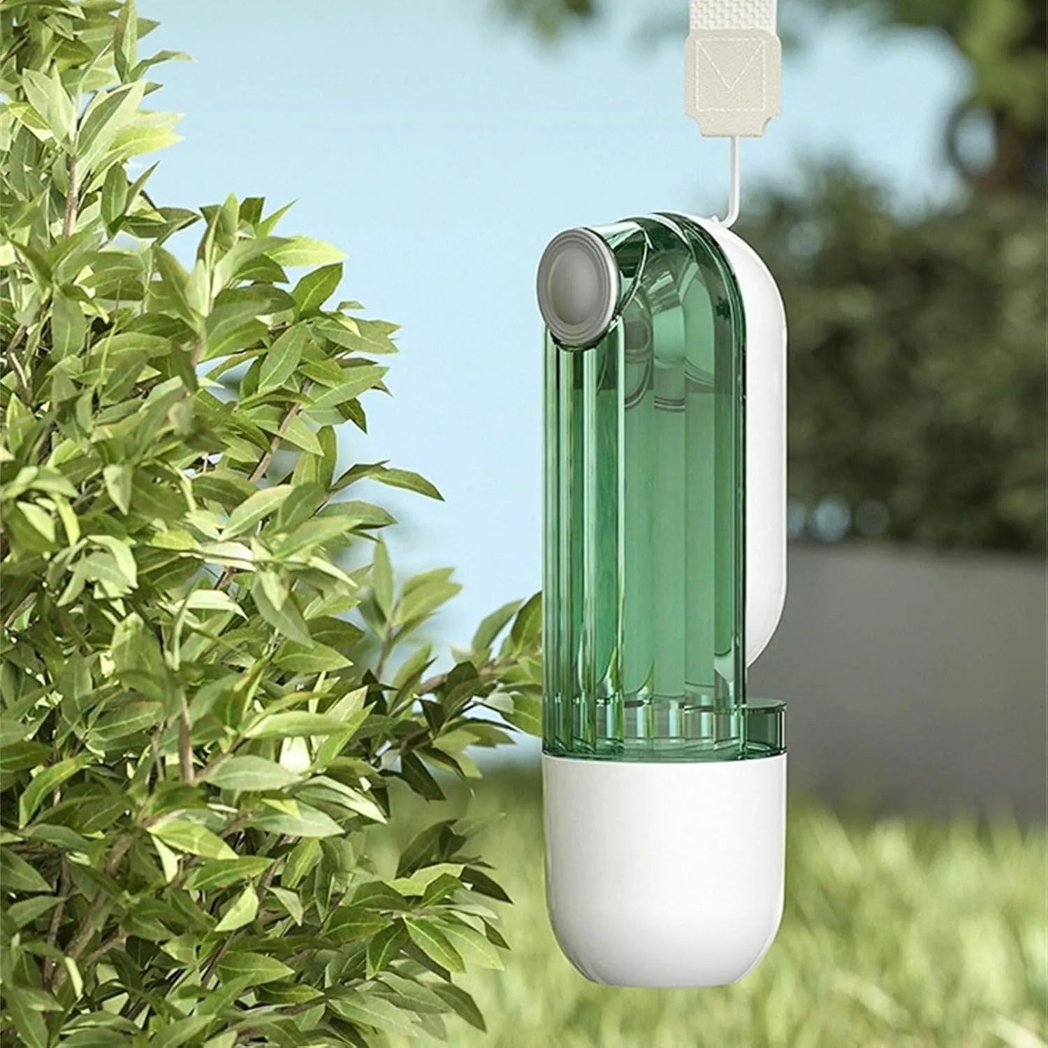 Foldable dog water bottle with food container in beige colour for walking and hiking with pets
