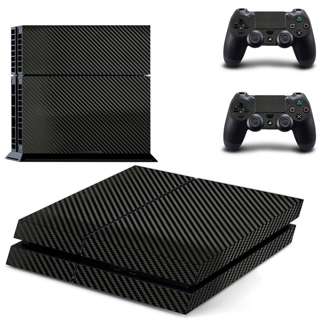 Black carbon fibre vinyl skin sticker for PlayStation 4 console on a white background.