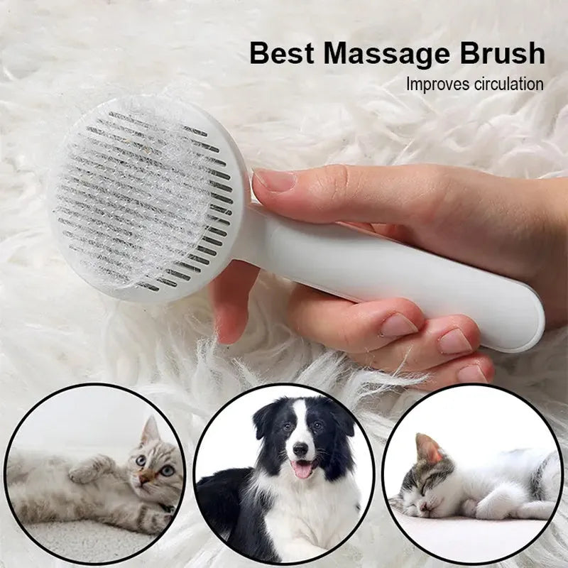 Self-cleaning pet grooming brush with stainless steel bristles and round massage beads for dogs and cats