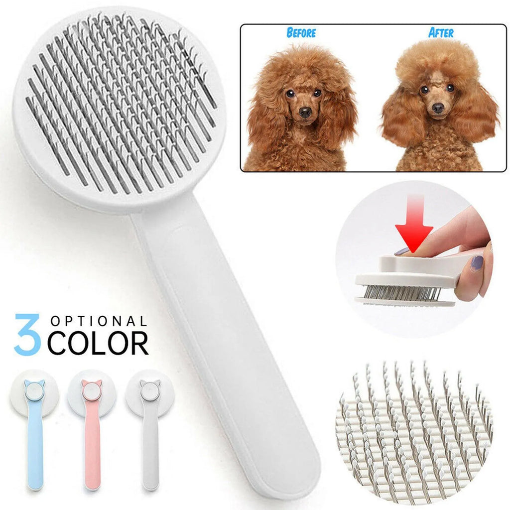 Self-cleaning pet grooming brush with stainless steel bristles and round massage beads for dogs and cats