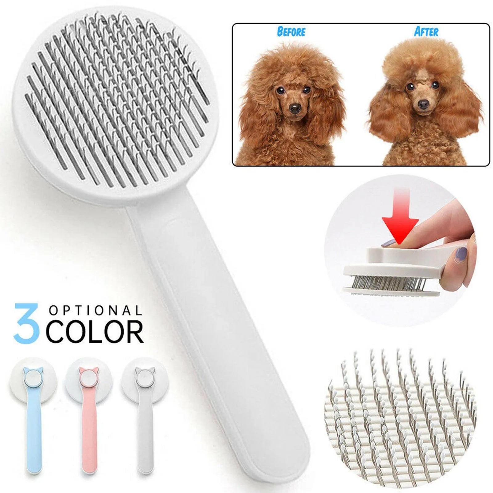 Self-cleaning pet grooming brush with stainless steel bristles and round massage beads for dogs and cats