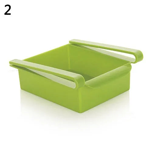 Hanging plastic refrigerator storage rack with drawer compartments and clapboard design for kitchen organisation