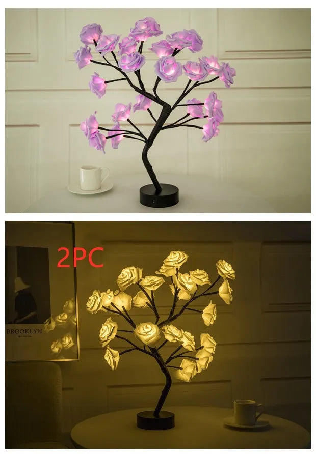 White and red rose flower LED table lamp with bonsai tree lights on a table.