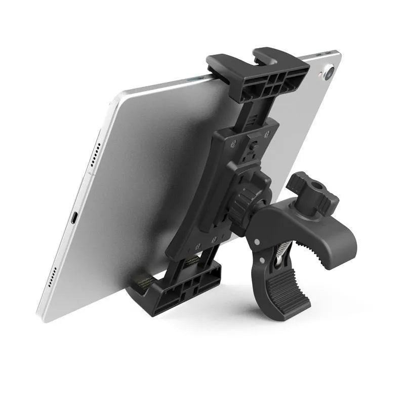 Black ABS plastic universal bicycle handlebar mount for mobile phones and tablets.