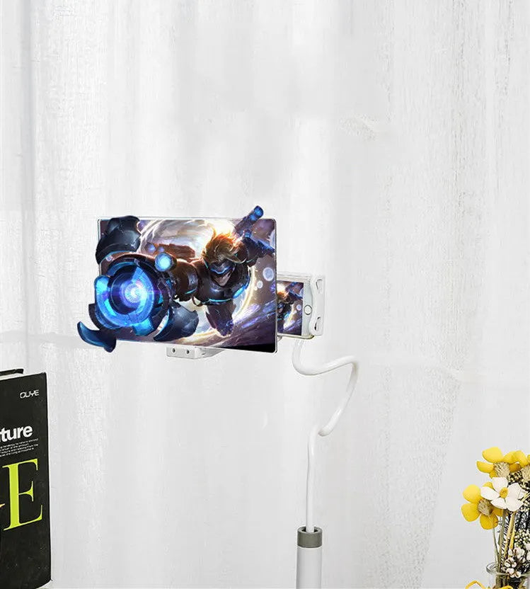 Black mobile phone screen amplifier with 12-inch acrylic lens on an adjustable folding bracket
